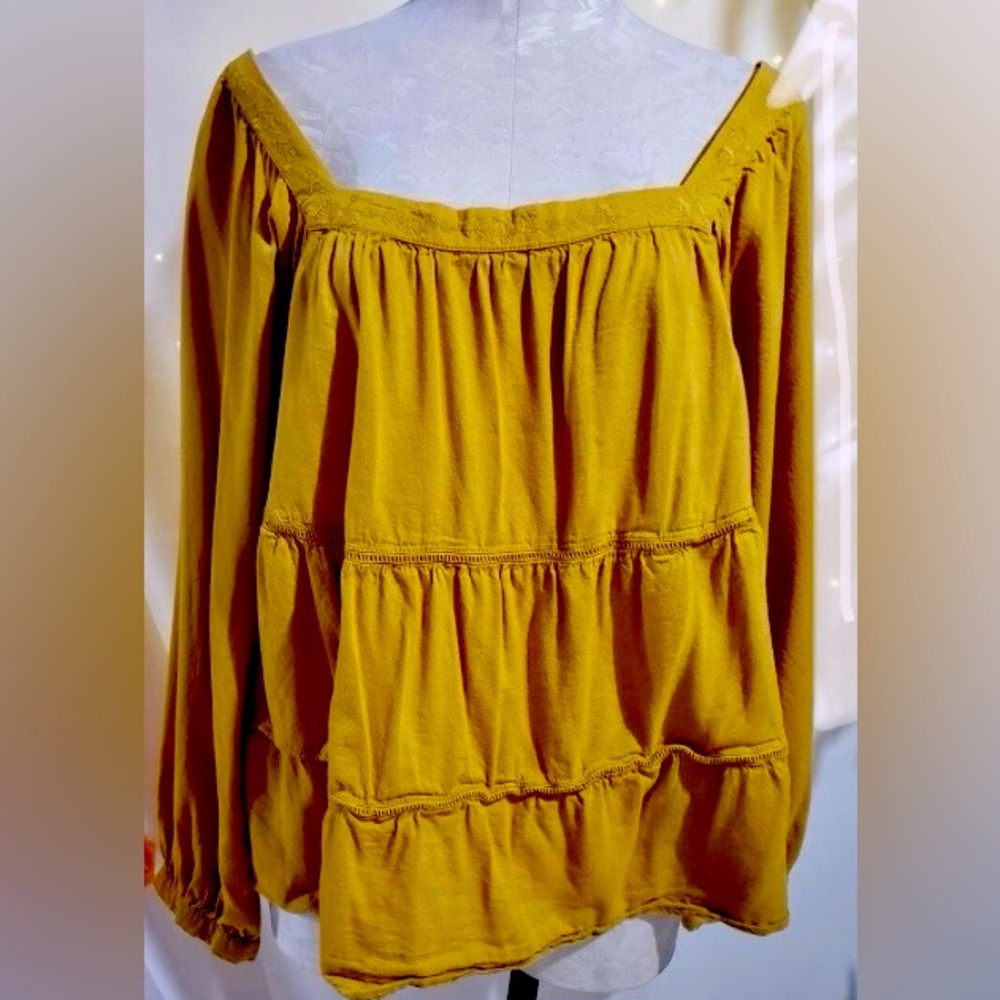Old Navy square neck embroidered long-sleeve tunic blouse golden rod shirt